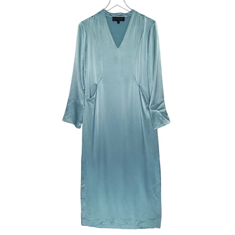 Hilton Hollis Elegant Satin V-neck Maxi Dress S Soft Blue Shift Kaftan
